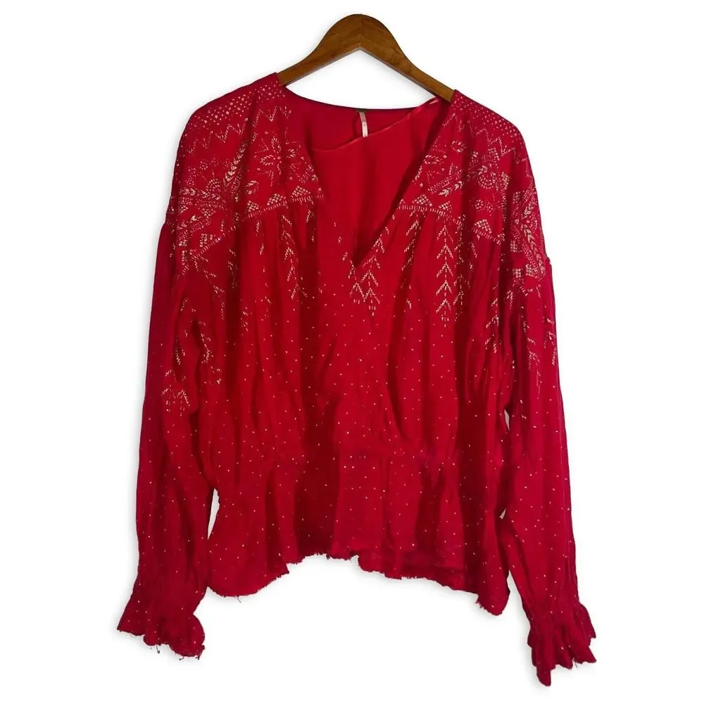 Free People Counting Stars Red Gold Foil Boho Peasant Blouse Top Large